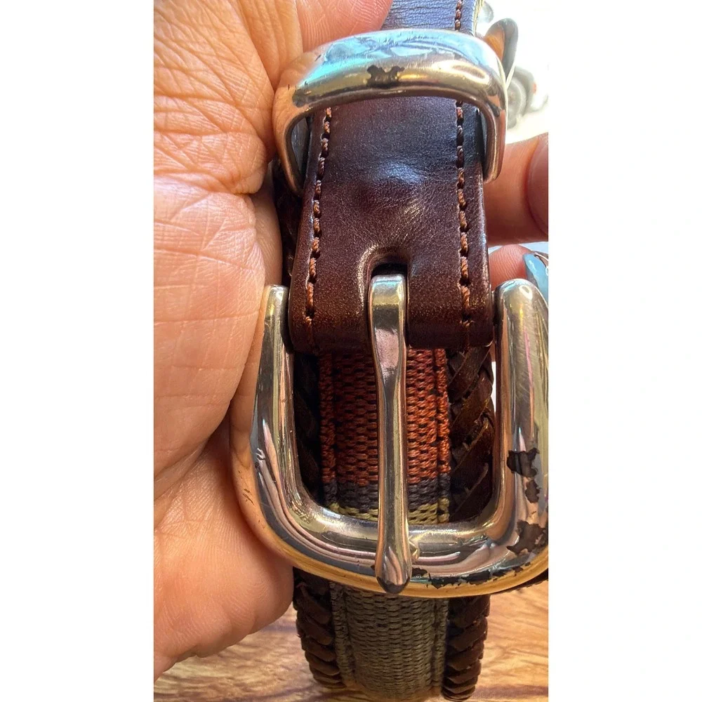Brighton Men's Brown Braided Leather Plaid Woven Belt 36 Silver Buckle 67506